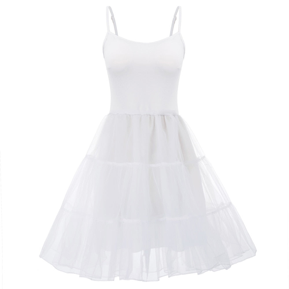 GK Women Spaghetti Strap dresses summer ladies elegant solid color 2-Layer Voile Vintage Dress Slip Petticoat Under A-line Dress