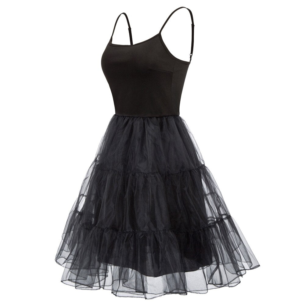 GK Women Spaghetti Strap dresses summer ladies elegant solid color 2-Layer Voile Vintage Dress Slip Petticoat Under A-line Dress