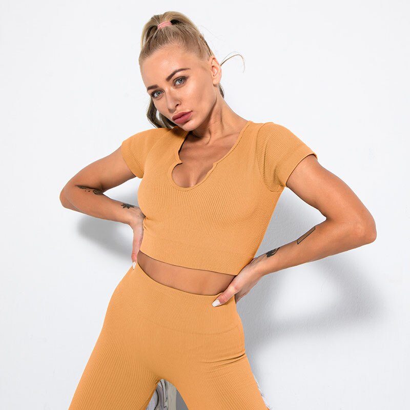 Seamless Yoga Shirt Deep V-Neck Women Fitness Short Sleeve Crop Top Workout Tops Gym Clothes Running Sports T-shirts Sportswear