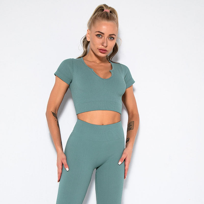 Seamless Yoga Shirt Deep V-Neck Women Fitness Short Sleeve Crop Top Workout Tops Gym Clothes Running Sports T-shirts Sportswear