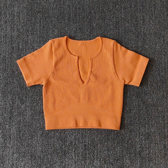 Seamless Yoga Shirt Deep V-Neck Women Fitness Short Sleeve Crop Top Workout Tops Gym Clothes Running Sports T-shirts Sportswear