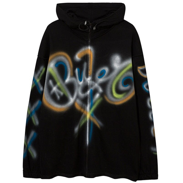 Hoodies Men Colorful Graffiti Letter Hooded Pullovers College Style Loose Zipper Coats Hipster Casual Couple Streetwear