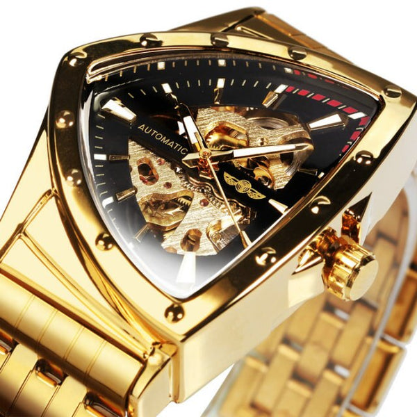 Triangle Military Men Watch Skeleton Mechanical Automatic Wristwatches Silver Stainless Steel Strap Irregular