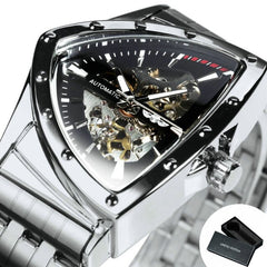 Triangle Military Men Watch Skeleton Mechanical Automatic Wristwatches Silver Stainless Steel Strap Irregular