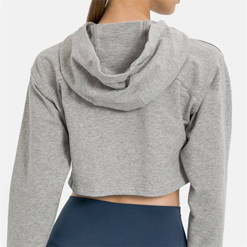 Women Workout Crop Hoodie Long Sleeve Sweatshirt Casual Pullove Sport Top Fitness Women