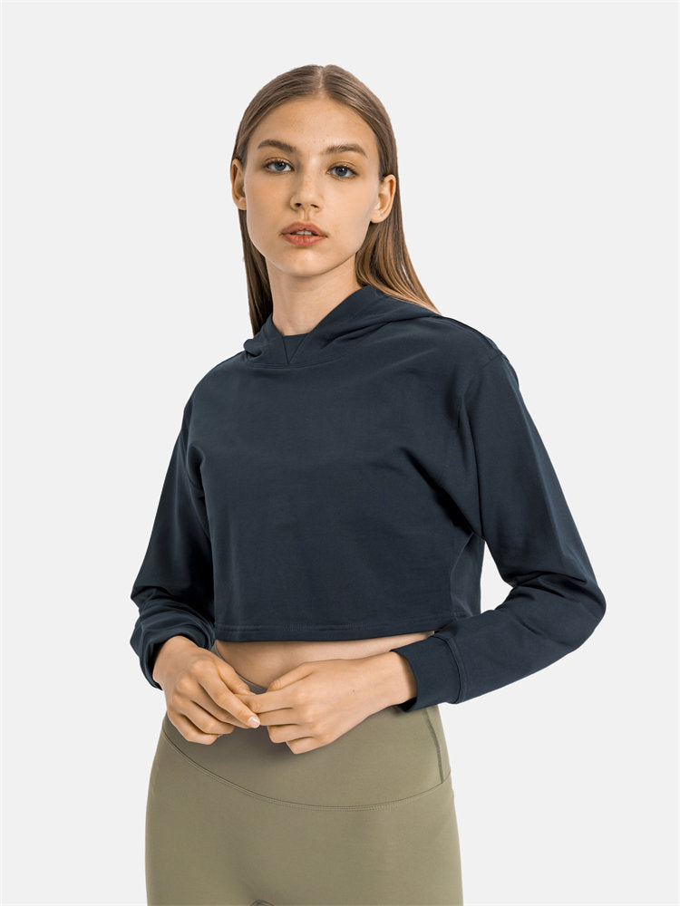 Women Workout Crop Hoodie Long Sleeve Sweatshirt Casual Pullove Sport Top Fitness Women