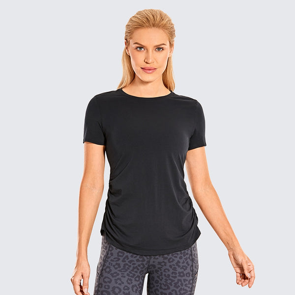 Women's Workout Running Short Sleeves Shirts Split Back Yoga Top with Side Shirring