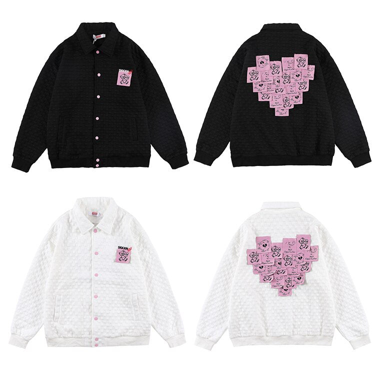 Track Jacket Men Heart-shaped Sticky Note Coat Turn-down Casual Fashion College Style Hipster Outwear Couple Streetwear