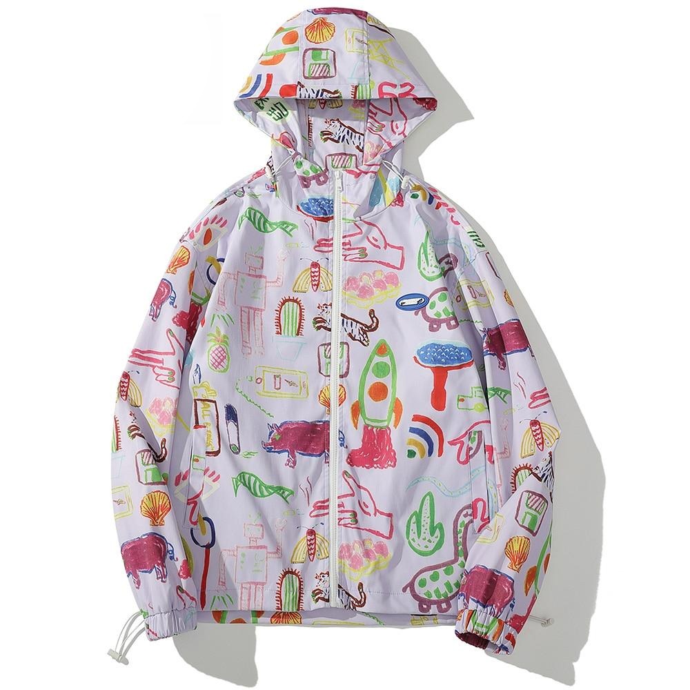 Jacket Men Colorful Graffiti Painting Print Zipper Coats Loose Casual Punk Cool Hip Hop Style Outwear Couple Streetwear