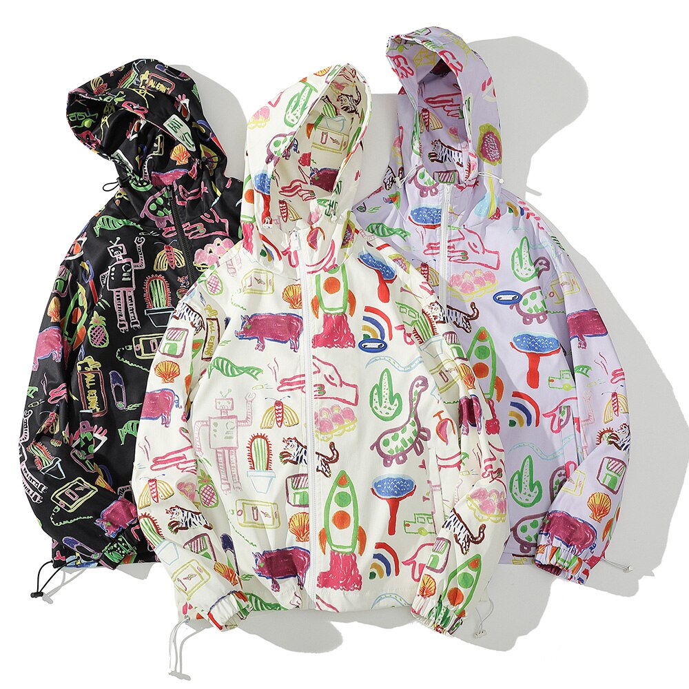 Jacket Men Colorful Graffiti Painting Print Zipper Coats Loose Casual Punk Cool Hip Hop Style Outwear Couple Streetwear