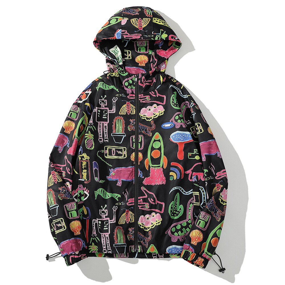 Jacket Men Colorful Graffiti Painting Print Zipper Coats Loose Casual Punk Cool Hip Hop Style Outwear Couple Streetwear