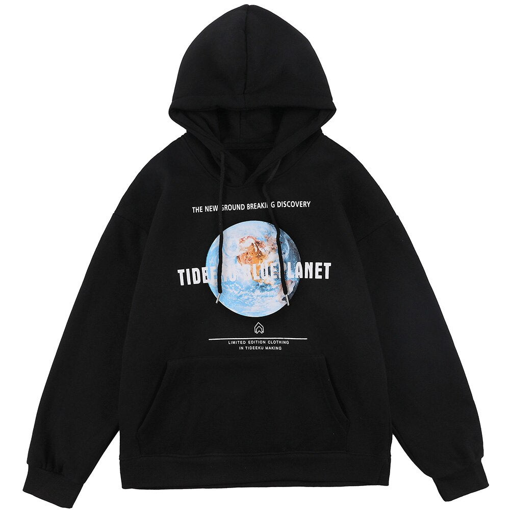 Hoodie Men Blue Planet Letter Big Pocket Pullover Fleece Warm Cozy Sweatshirt College Style All-match Streetwear Couple