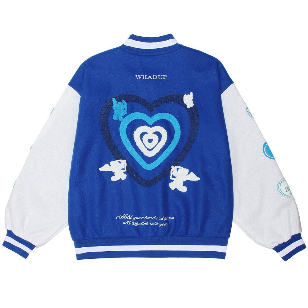 Jacket Men Heart-shaped Patches Letter Embroidery Patchwork Color Sleeve Coat Harajuku College Style Varsity Streetwear