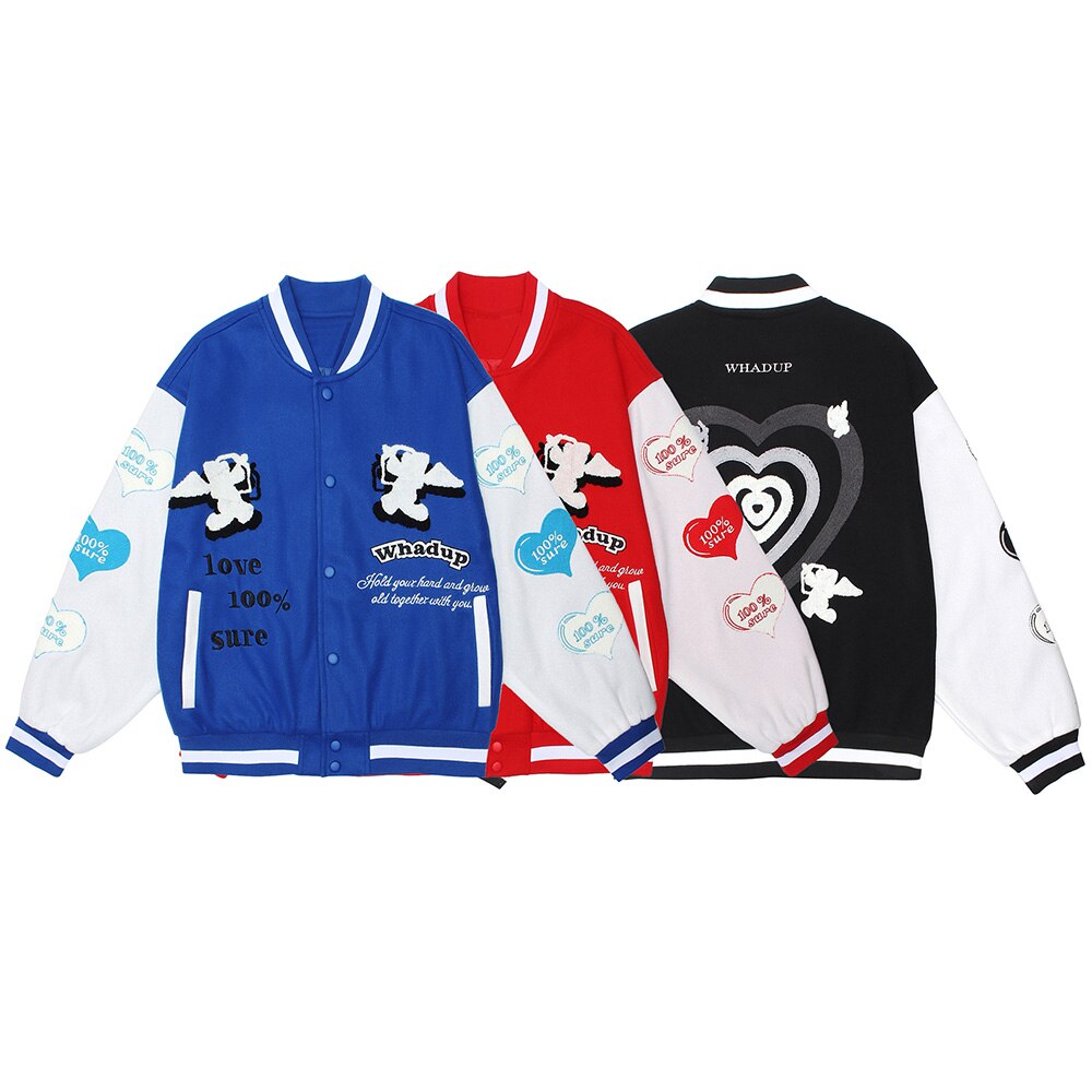 Jacket Men Heart-shaped Patches Letter Embroidery Patchwork Color Sleeve Coat Harajuku College Style Varsity Streetwear