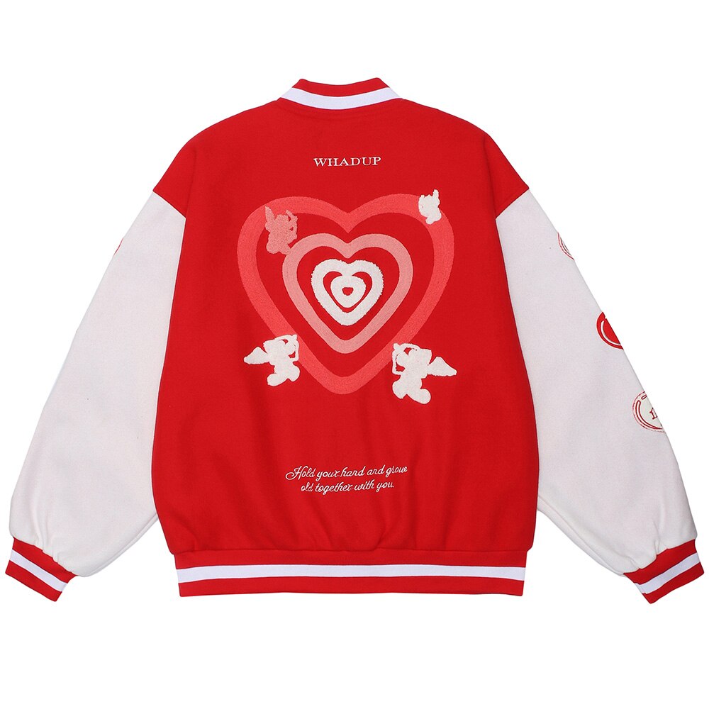 Jacket Men Heart-shaped Patches Letter Embroidery Patchwork Color Sleeve Coat Harajuku College Style Varsity Streetwear