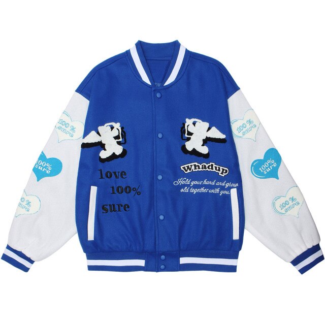 Jacket Men Heart-shaped Patches Letter Embroidery Patchwork Color Sleeve Coat Harajuku College Style Varsity Streetwear