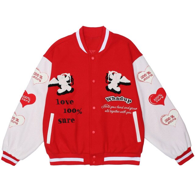 Jacket Men Heart-shaped Patches Letter Embroidery Patchwork Color Sleeve Coat Harajuku College Style Varsity Streetwear