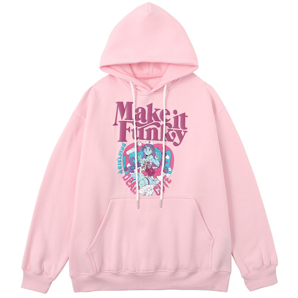 Hoodie Men Cute Comics Girl Heart-shaped Print Fleece Pullover Big pocket College Style Casual Japanese Tops Streetwear