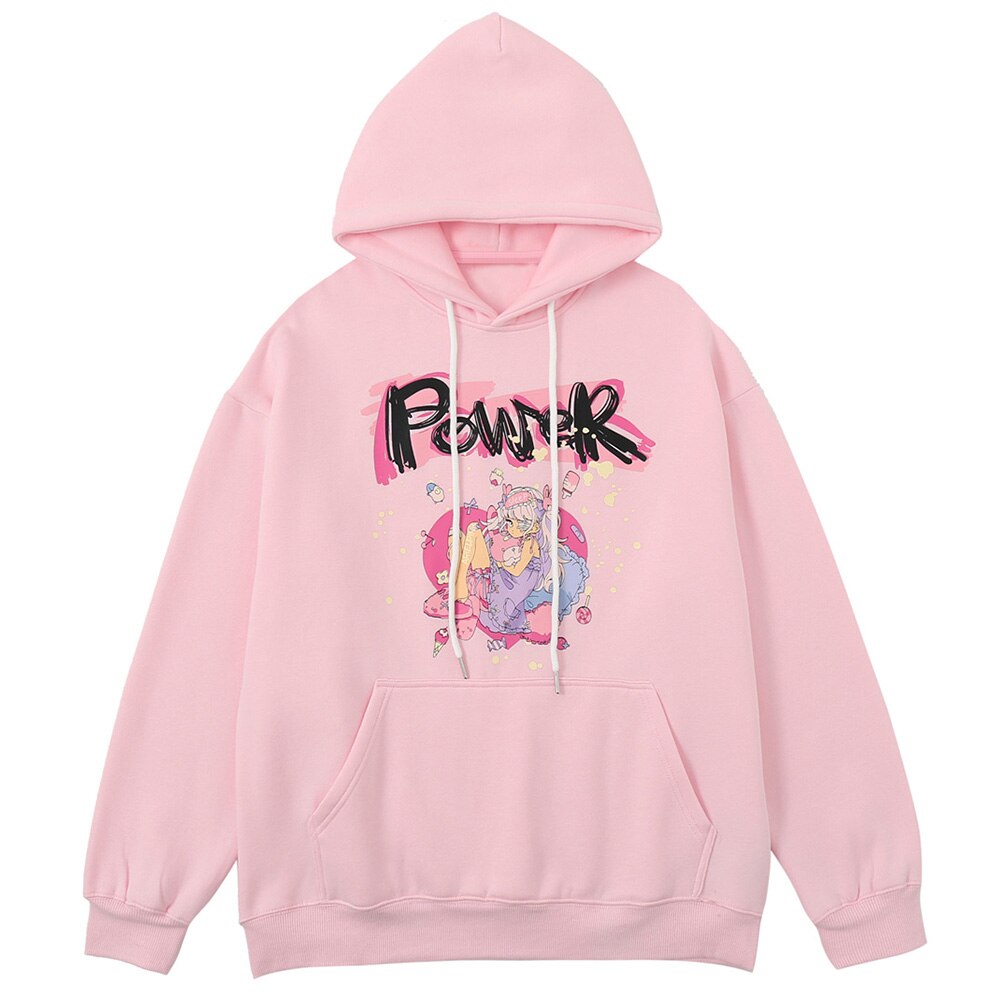 Hoodies Men Cartoon Comics Girl Letter Graffiti Fleece Pullovers College Style Casual Loose Cozy Tops Streetwear Couple