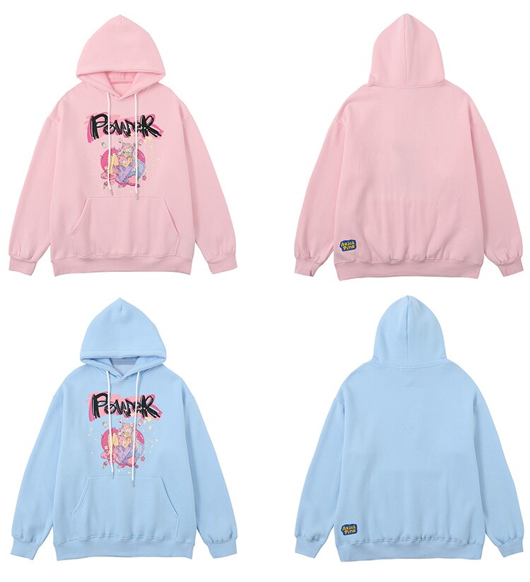 Hoodies Men Cartoon Comics Girl Letter Graffiti Fleece Pullovers College Style Casual Loose Cozy Tops Streetwear Couple