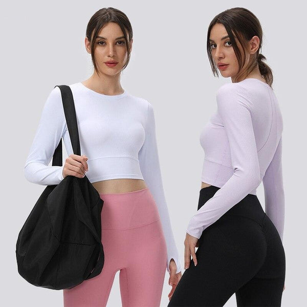 RIBBED Slim Fit Yoga Sport Long Sleeve Shirts Women O Neck Nylon Fitness Workout Crop Top with Thumb Hole Activewear