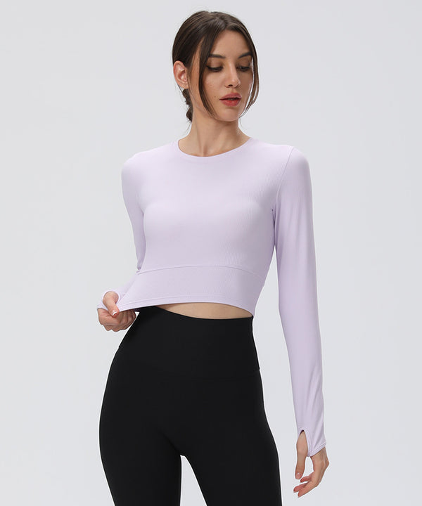 RIBBED Slim Fit Yoga Sport Long Sleeve Shirts Women O Neck Nylon Fitness Workout Crop Top with Thumb Hole Activewear