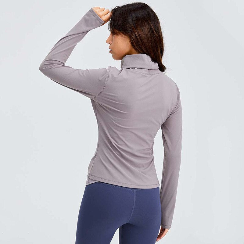 Naked Feel Turtle Neck Yoga Long Sleeve Shirts Women Plain Sport Fitness Long Sleeve Top Pullover with Thumb Hole