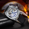 Retro Luxury Square Transparent Skeleton Watch for Men Mechanical Wristwatches Golden Engraved Case Leather Strap Luminous