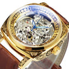 Retro Luxury Square Transparent Skeleton Watch for Men Mechanical Wristwatches Golden Engraved Case Leather Strap Luminous