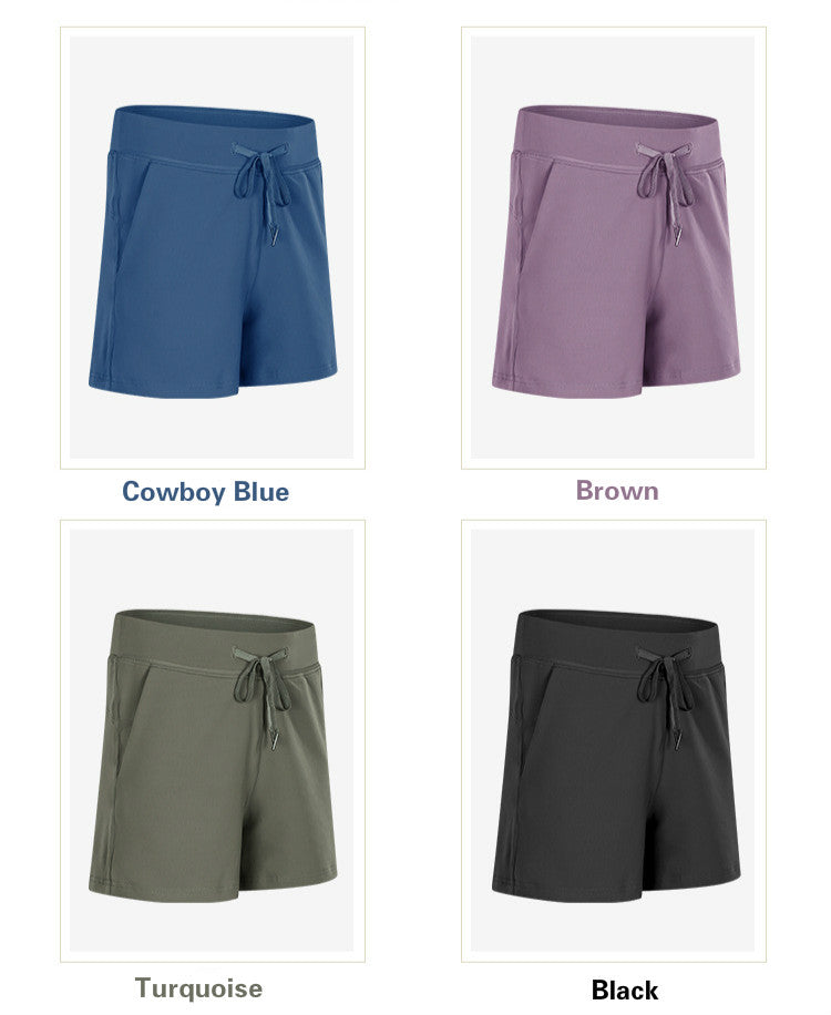 Leisure Nylon Yoga Gym Workout Shorts Women Anti-sweat High Waist Drawstring Running Sport Shorts with Pocket