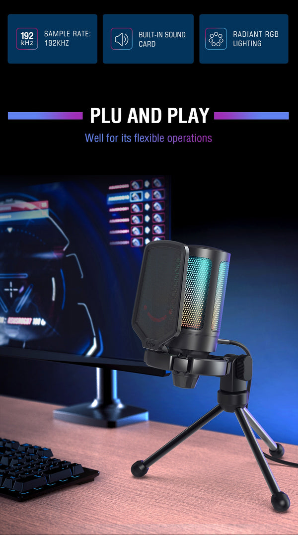 Ampligame USB Microphone for Gaming Streaming with Pop Filter Shock Mount&Gain Control,Condenser Mic for Laptop/Computer