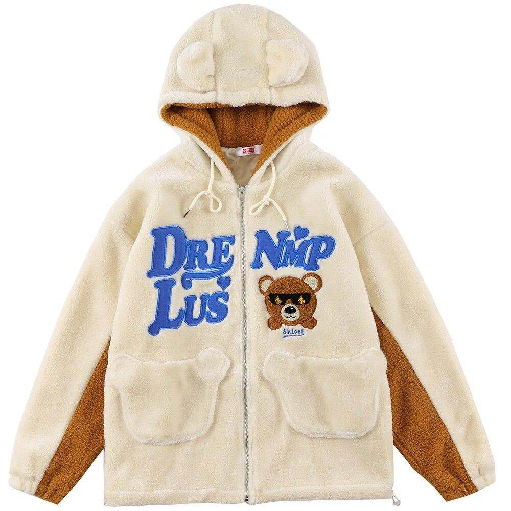 Jacket Men Furry Bear Color Block Patchwork Flannel Outwear College Style Hooded Coats Soft Cozy Warm Couple Streetwear