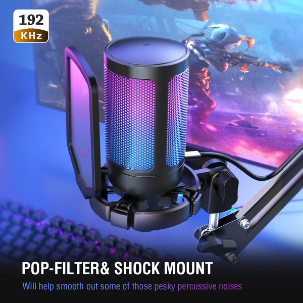 USB Condenser Gaming Microphone, for PC PS4 PS5 MAC with Pop Filter Shock Mount&Gain Control for Podcasts,Twitch,YouTube