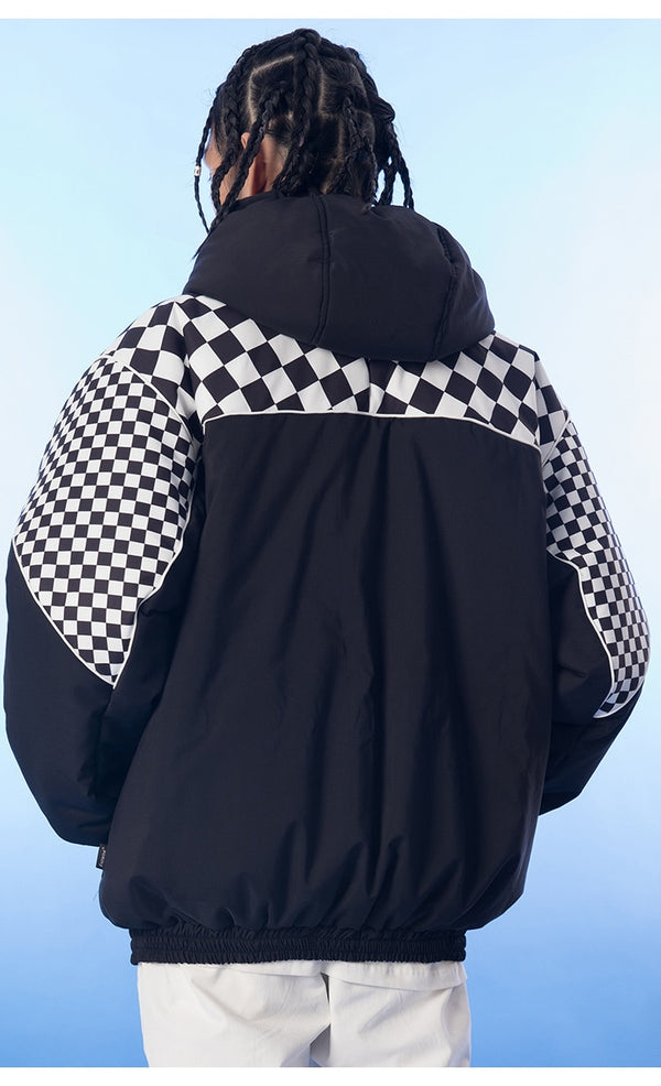 Winter Jacket Men Plaid Print Zipper Pockets Hooded Padded Coat Couple High Street Casual All-match Warm Parkas Outwear