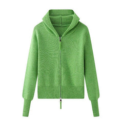 Spring Zippers Sweaters Jacket Slim Knit Solid Green Cardigan Outwear Short Fall Warm Soft  Hooded Cropped Coat