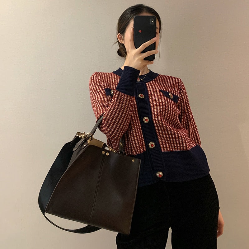 Red Plaid Cardigan Vintage Spring Women Short Sweater Coat Full O-Neck Diamond Buckle Knit Elegant Tops