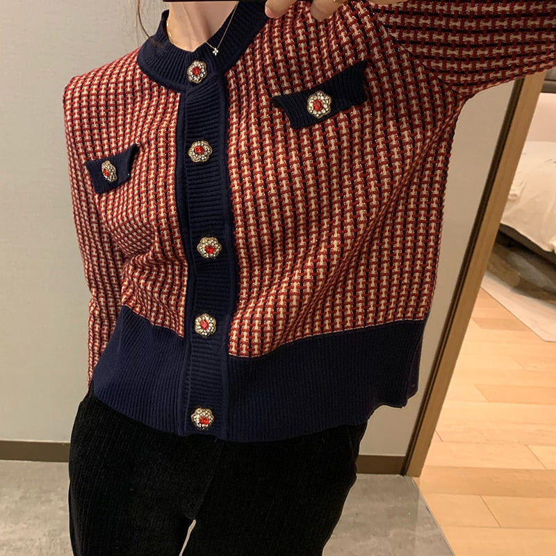 Red Plaid Cardigan Vintage Spring Women Short Sweater Coat Full O-Neck Diamond Buckle Knit Elegant Tops