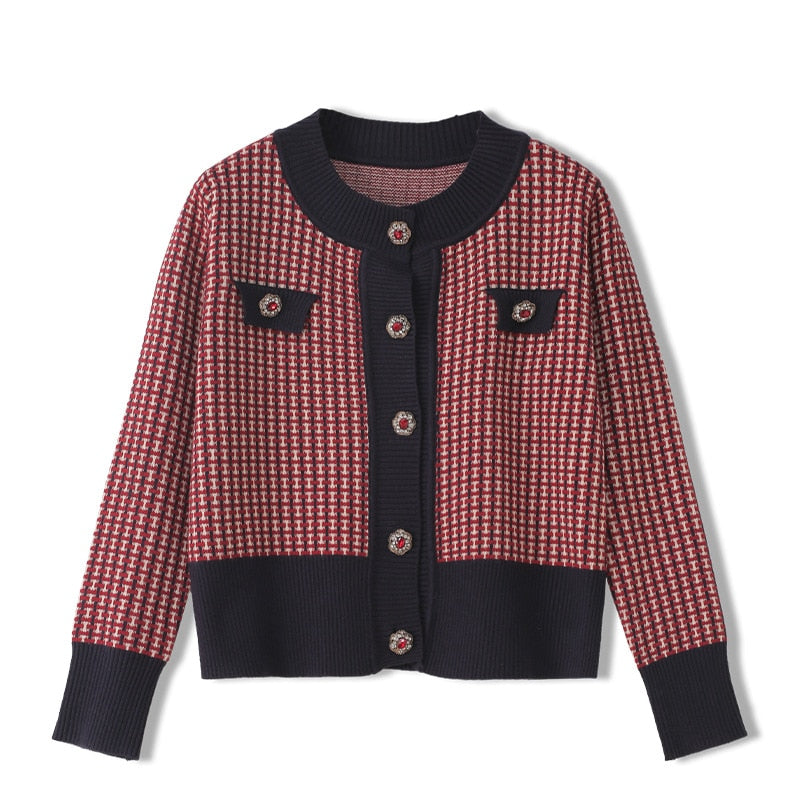 Red Plaid Cardigan Vintage Spring Women Short Sweater Coat Full O-Neck Diamond Buckle Knit Elegant Tops