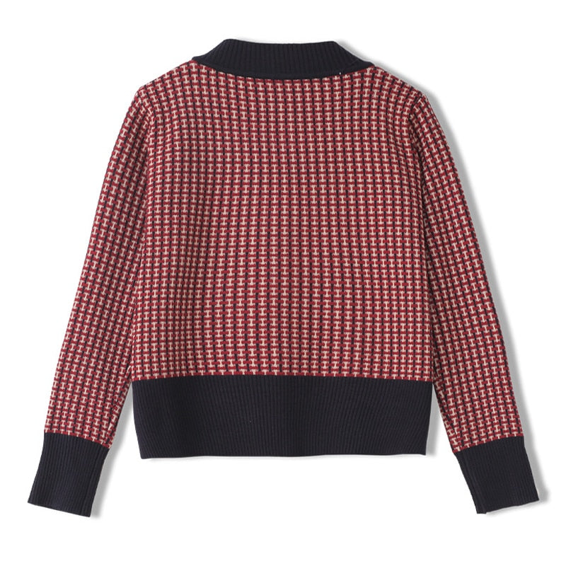 Red Plaid Cardigan Vintage Spring Women Short Sweater Coat Full O-Neck Diamond Buckle Knit Elegant Tops