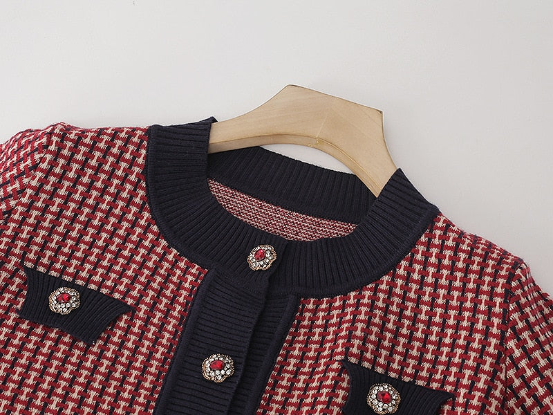 Red Plaid Cardigan Vintage Spring Women Short Sweater Coat Full O-Neck Diamond Buckle Knit Elegant Tops