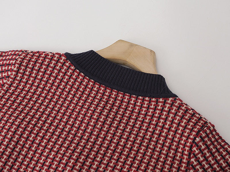 Red Plaid Cardigan Vintage Spring Women Short Sweater Coat Full O-Neck Diamond Buckle Knit Elegant Tops