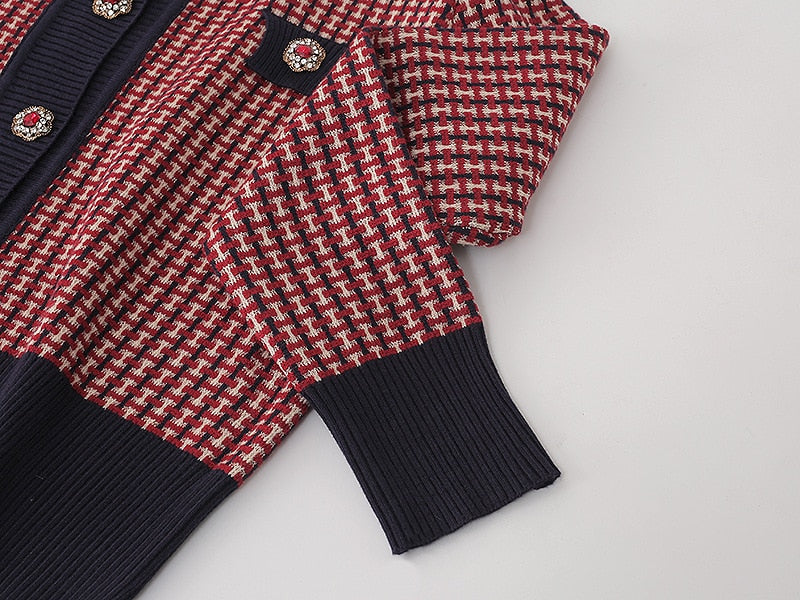 Red Plaid Cardigan Vintage Spring Women Short Sweater Coat Full O-Neck Diamond Buckle Knit Elegant Tops