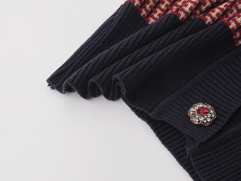 Red Plaid Cardigan Vintage Spring Women Short Sweater Coat Full O-Neck Diamond Buckle Knit Elegant Tops