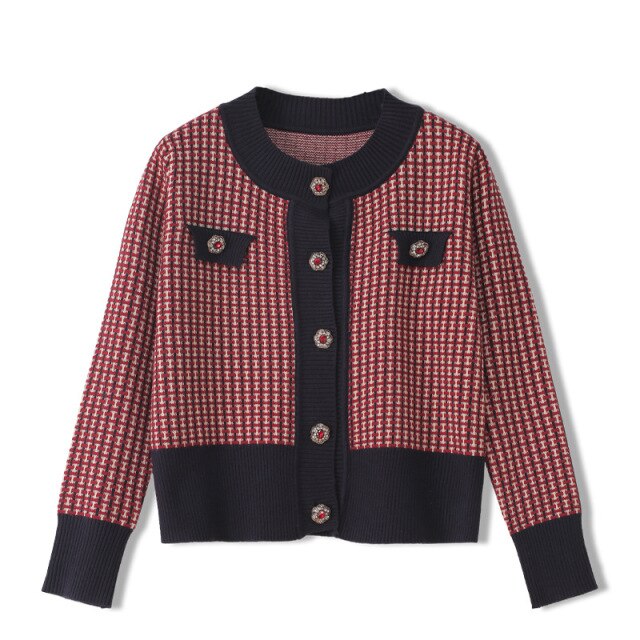 Red Plaid Cardigan Vintage Spring Women Short Sweater Coat Full O-Neck Diamond Buckle Knit Elegant Tops