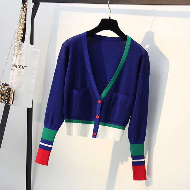 Spring Autumn Women Sweater Contrast Color Striped All-Match Jacket Coats Long Sleeve Loose Patchwork Knitting Cardigans  C-198