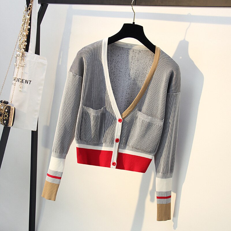 Spring Autumn Women Sweater Contrast Color Striped All-Match Jacket Coats Long Sleeve Loose Patchwork Knitting Cardigans  C-198