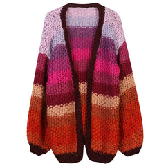 Rainbow Handmade Sweater Coarse Wool Knitted Cardigan Women Autumn Winter Sweet Kawaii Sweater Coat Female Outwear