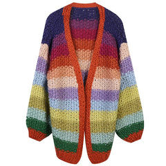 Rainbow Handmade Sweater Coarse Wool Knitted Cardigan Women Autumn Winter Sweet Kawaii Sweater Coat Female Outwear