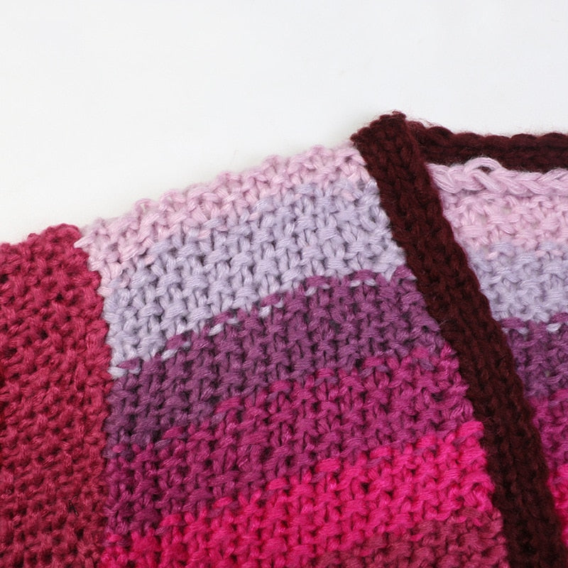 Rainbow Handmade Sweater Coarse Wool Knitted Cardigan Women Autumn Winter Sweet Kawaii Sweater Coat Female Outwear