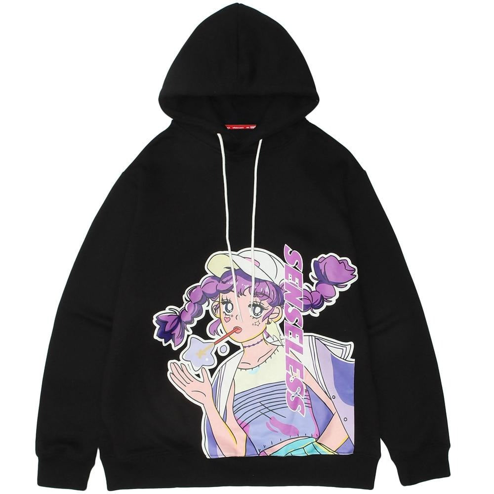 Men Purple Hair Girl Anime Print Plus Velvet Pullover Loose Cozy Fashion Harajuku College Style Otaku Sweatshirt